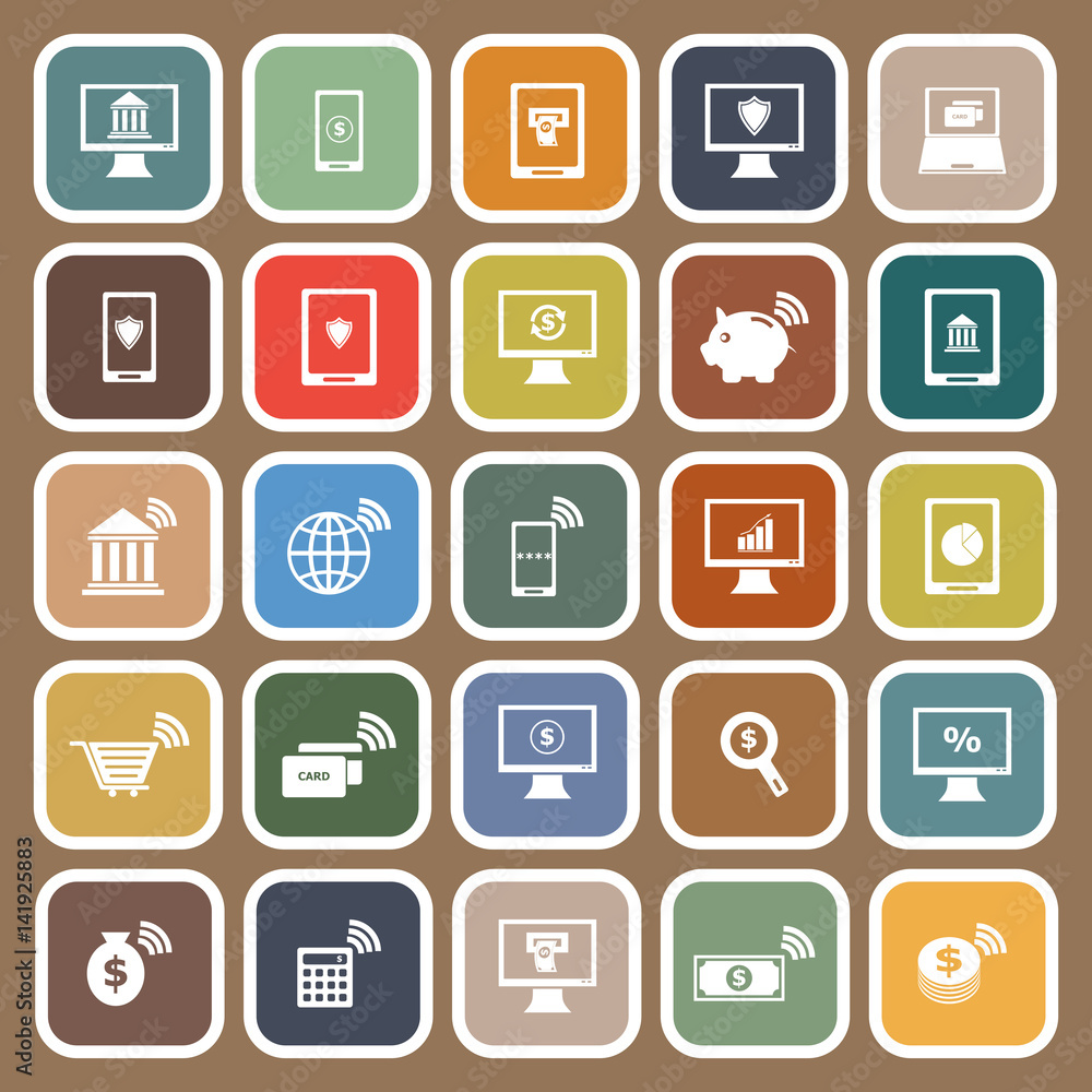 Online banking flat icons on brown background
