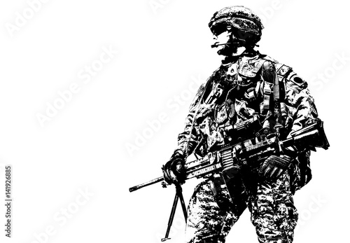 Bilde på lerret Portrait of United states airborne infantry machinegunner, camo uniforms dress