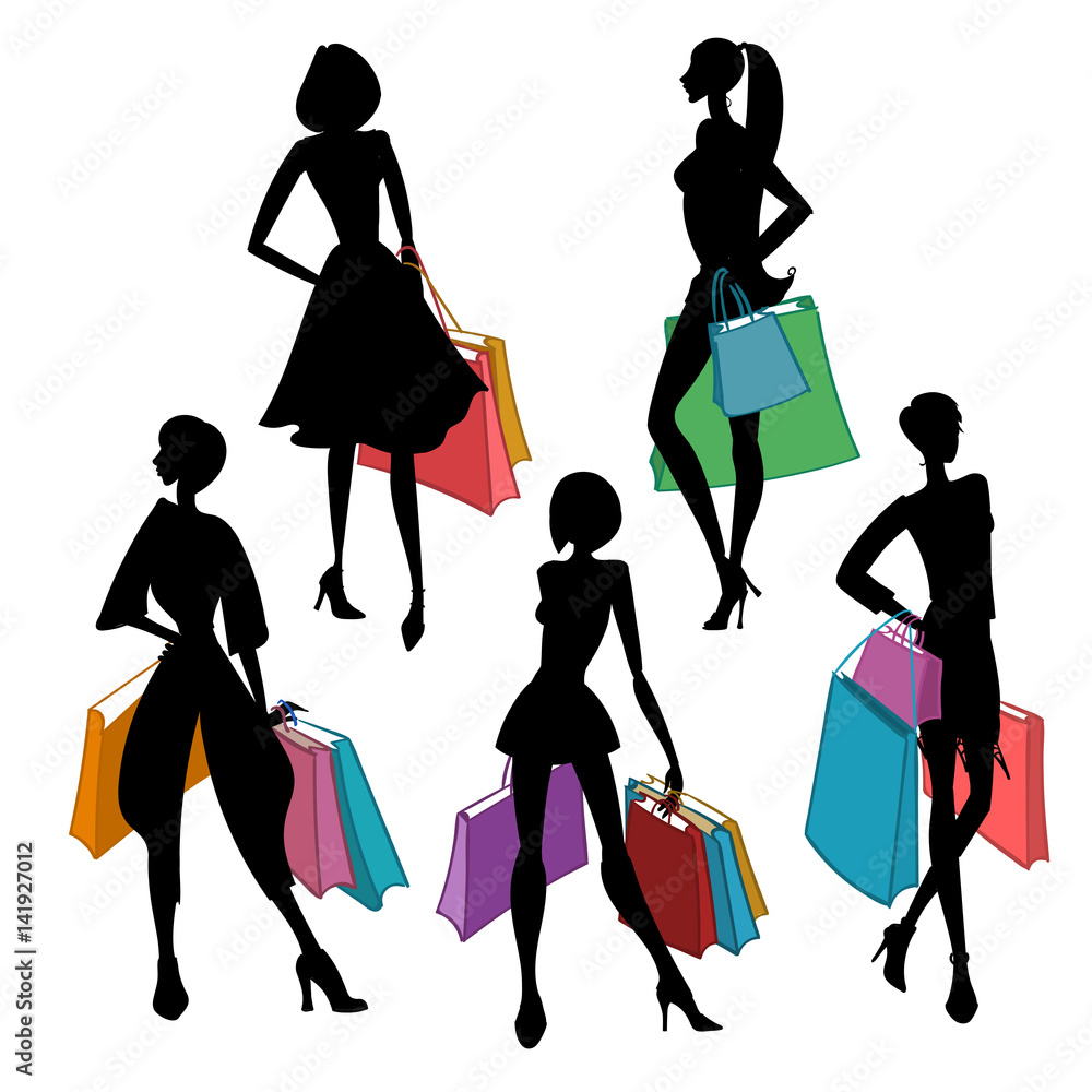Silhouettes of women with shopping bags. Vector illustration.
