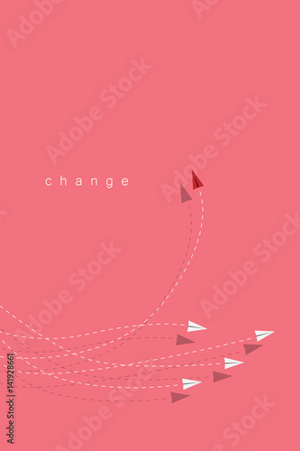 red airplane changing direction and white ones. New idea, change, trend, courage, creative solution,concept.