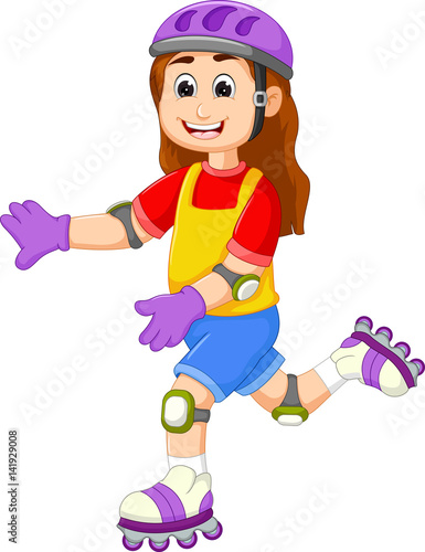 cute girl cartoon playing roller skates