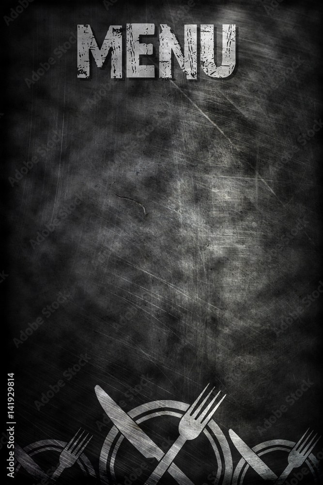 MENU writing from white chalk on black board with texture in background ,  food concept , food idea,
