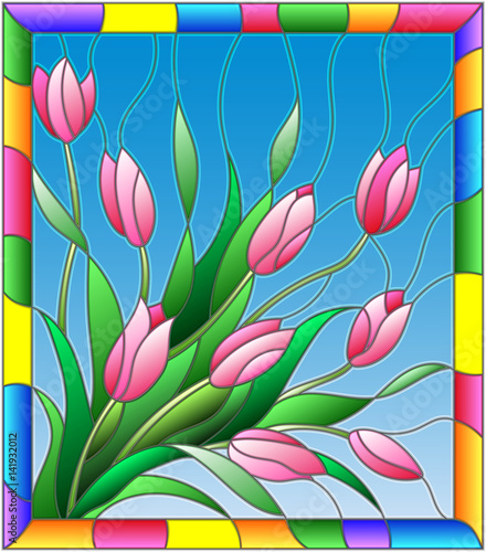 Illustration in stained glass style with a bouquet of tulipson a blue background in the frame photo