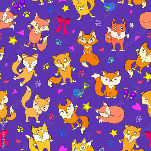 Seamless pattern with funny cartoon foxes on a purple background