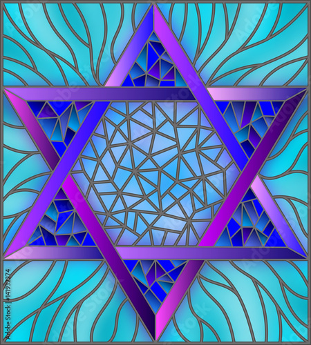 Illustration in stained glass style with an abstract six-pointed blue star on a blue background
