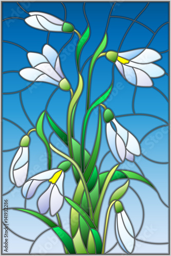 Illustration in stained glass style with bouquet of  white snowdrops  on a  blue background 