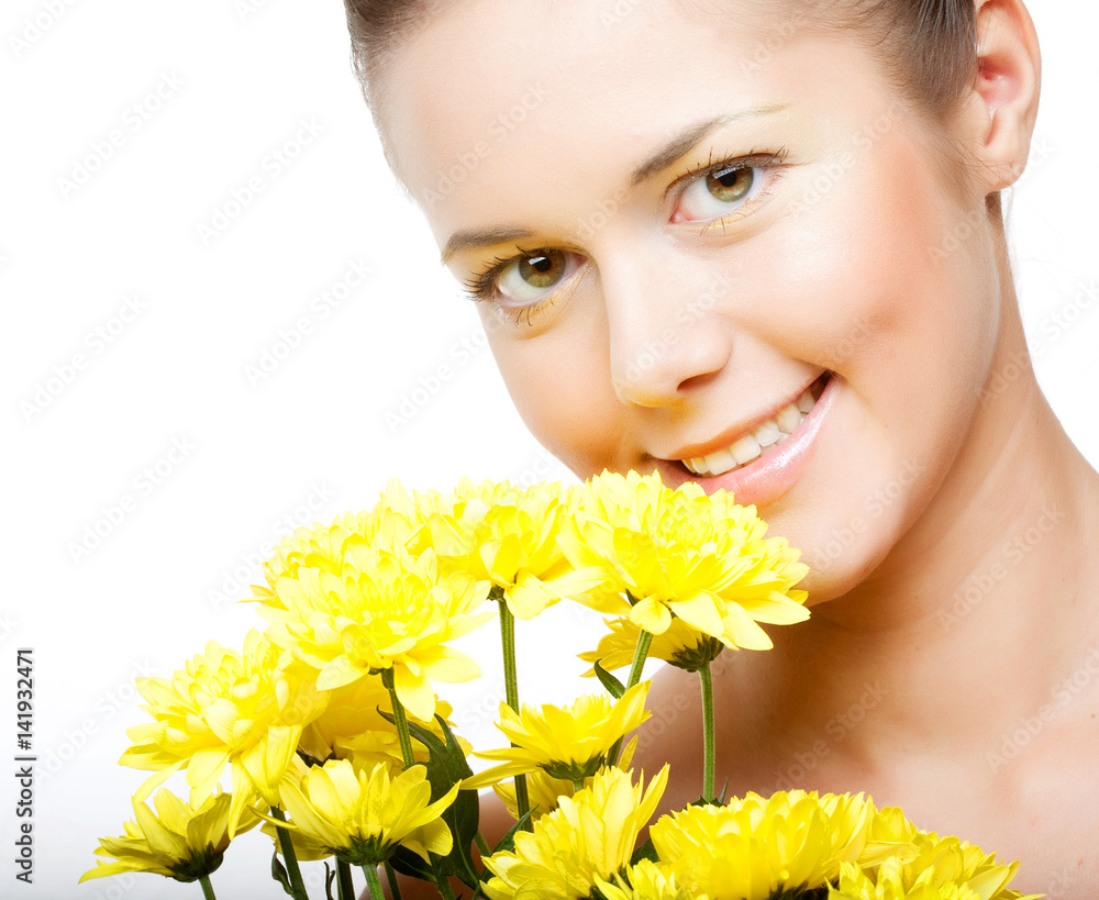 female face with the yellow chrysanthemum female face with the yellow chrysanthemum