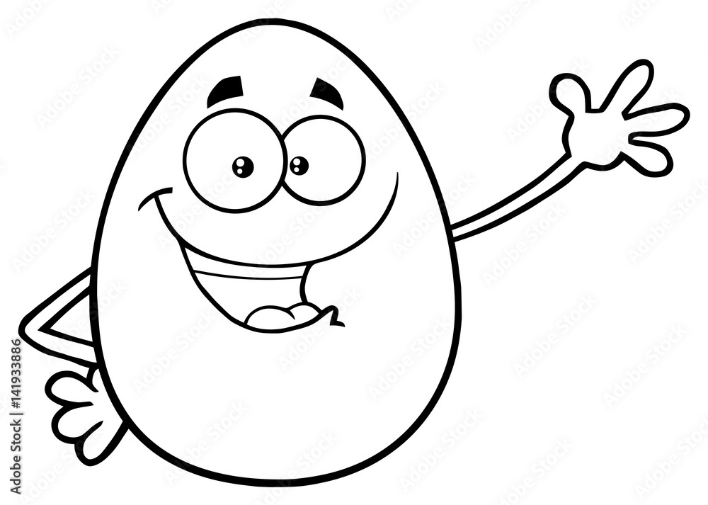 Fototapeta premium Black And White Happy Egg Cartoon Mascot Character Waving For Greeting. Illustration Isolated On White Background