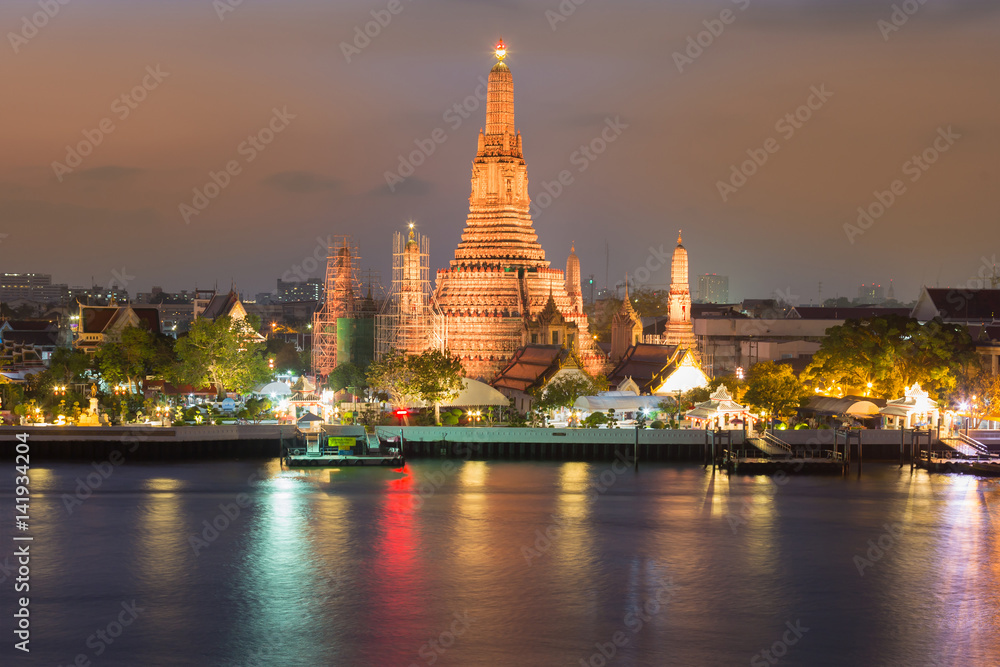 Arun temple watefront with reflection at night, Thailand Landmark Arun temple watefront with reflection at night, Thailand Landmark