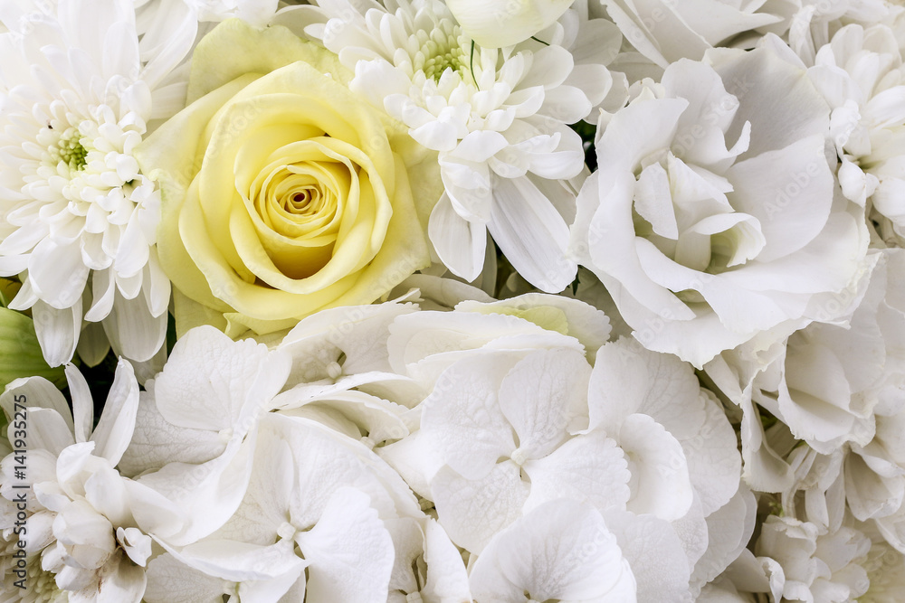Floral arrangement with lilies, roses, eustoma, chrysanthemum and hortensia flower. Floral arrangement with lilies, roses, eustoma, chrysanthemum and hortensia flower.