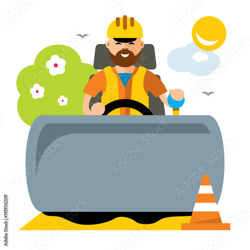 Vector Driver of road roller. Flat style colorful Cartoon illustration.