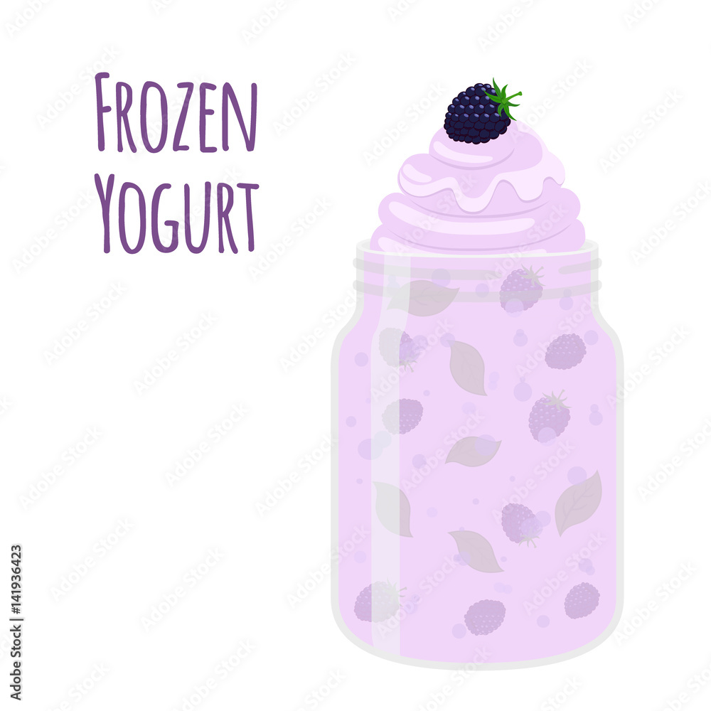 Frozen yogurt with blackberry in mason jar. Sweet dessert food cup. Frozen yogurt with blackberry in mason jar. Sweet dessert food cup.