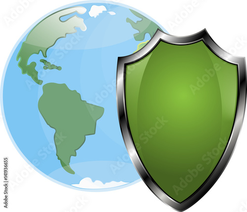 Shield shielding the globe, vector, white background,