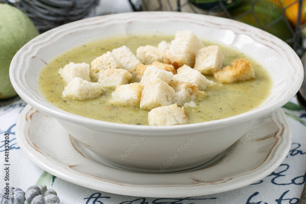 Creamy vegetable soup with croutons Creamy vegetable soup with croutons