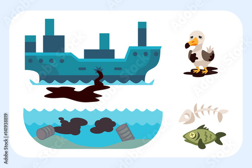 Ecological problems environmental oil pollution of water earth air deforestation destruction of animals mills factories forest protection vector illustration.