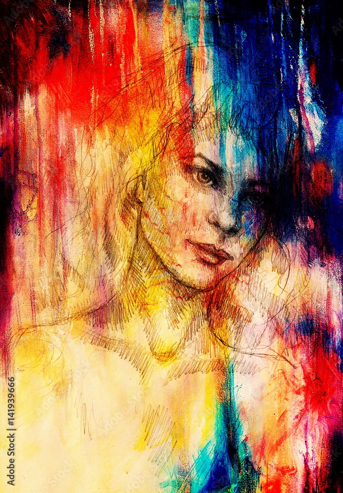 handrawn portrait of young woman on background with structured graphic effect.