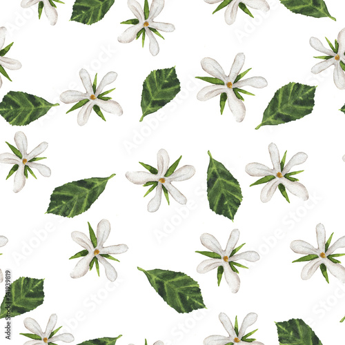 Seamless pattern with white flowers and beads and green leaves painted by watercolor . Hand drawn illustration.