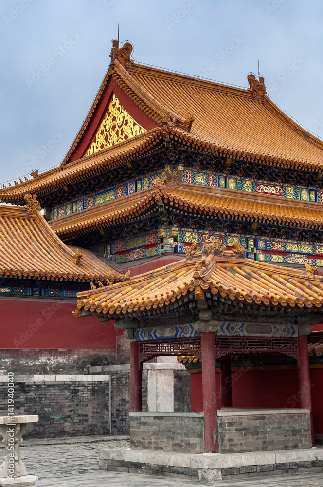 China, Beijing. Imperial Palace, known as the Forbidden City. One of the halls of the palace. Overcast rainy day.