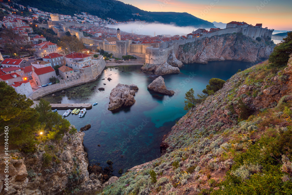 Dubrovnik, Croatia. Beautiful romantic old town of Dubrovnik during sunrise.