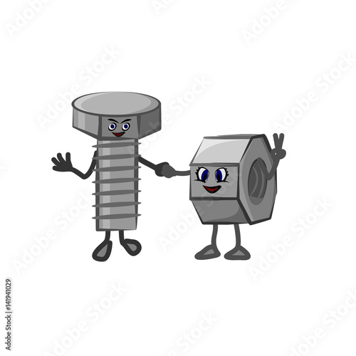 Vector illustration of lovers bolt and nut. Lovely cartoon bolt and nut hold hands on a white background