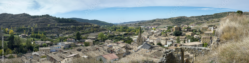 Panoramic view of Uncastillo. It is a historic town and municipality in the province of Zaragoza, Aragon, eastern Spain. It can be seen San Juan and Santa Maria Churches