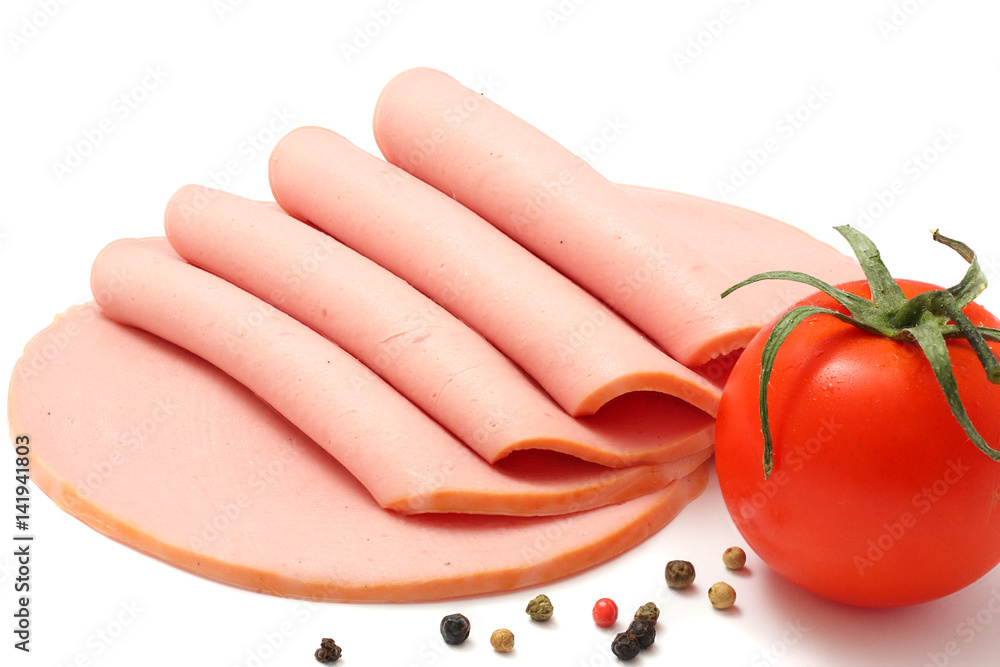 Sliced boiled ham sausage isolated on white background Sliced boiled ham sausage isolated on white background