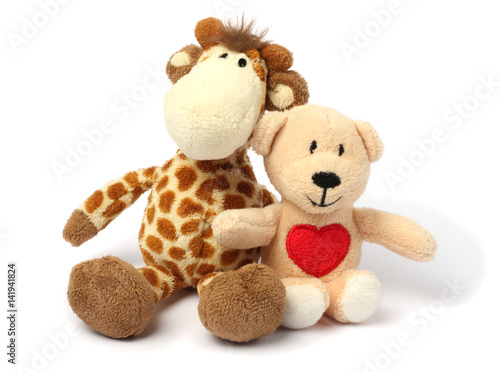 toys teddy with giraffe isolated on white background