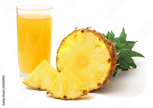 Sliced ripe pineapple with juice isolated on white background