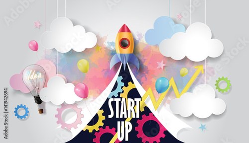 Rocket ship launch among light bulb, balloon, graph and business elements on watercolor background, Business startup concept, paper cut design style, vector illustration.