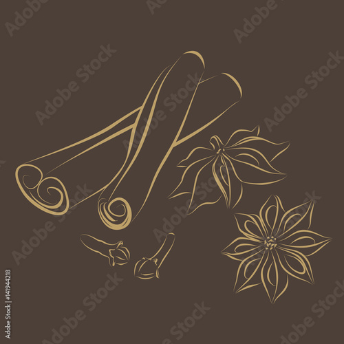 Isolated image of cinnamon sticks, cloves and star anise.