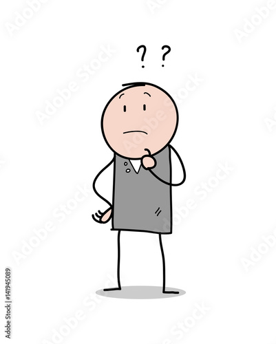 Man With Curiosity, a hand drawn vector illustration of a curiosity concept, depicting a stick figure character with question marks over his head.