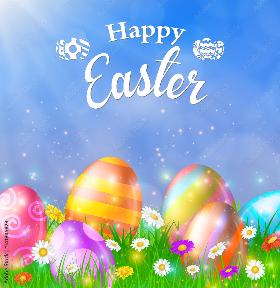 Happy Easter Card with Eggs, Grass, Flowers