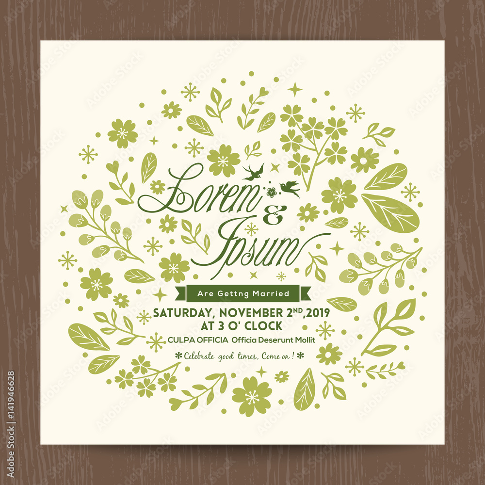 Wedding card with cute green floral background