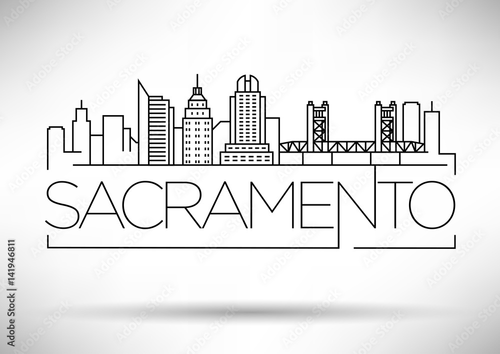 Plakat Minimalna liniowa panoramę miasta Sacramento z projektem typograficznym