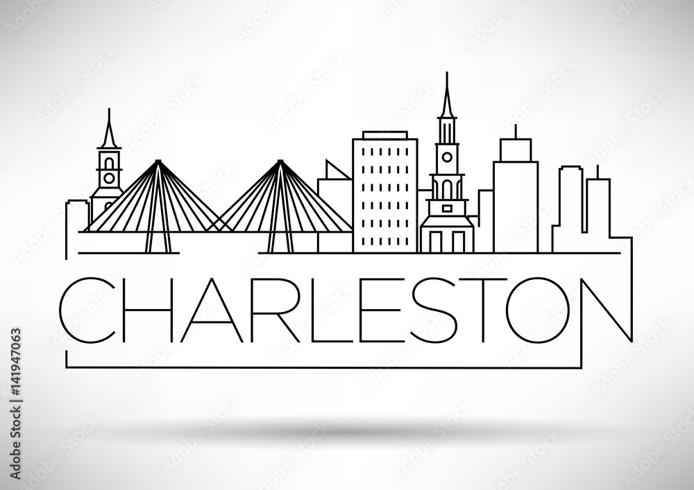 Naklejka premium Minimalny panoramę miasta Charleston Linear City z typograficznym projektem