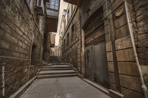 Empty street in old city of Baku  Azerbaijan. Old city Baku.   nner City buildings.