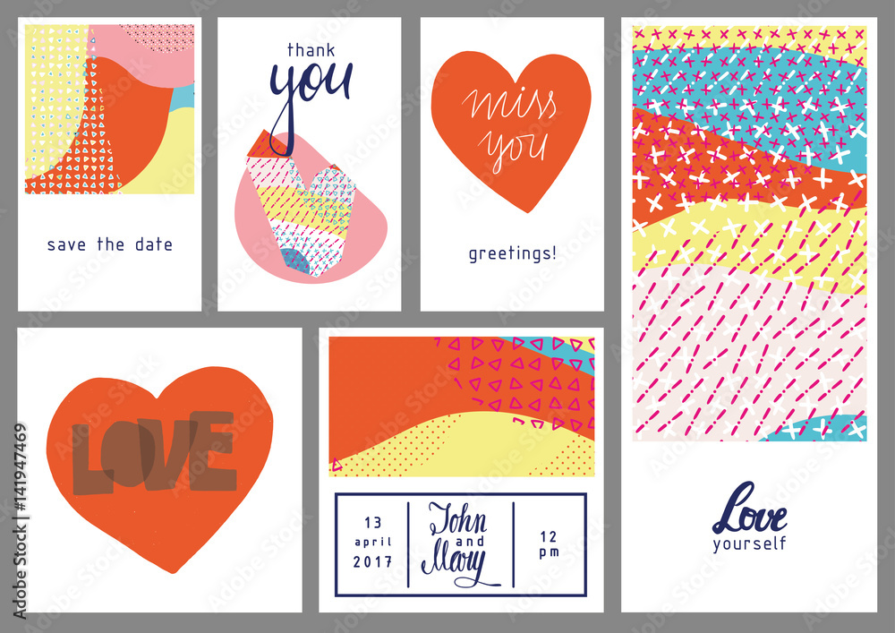 Collection of trendy Valentines day creative cards with floral elements and different textures. Collage. Design for prints, posters, cards, etc. Vector.