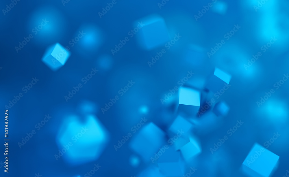 Abstract 3d rendering of chaotic cubes. Flying shapes in empty space. Dynamic background with bokeh, depth of field effect. Design for poster, banner, placard. Abstract 3d rendering of chaotic cubes. Flying shapes in empty space. Dynamic background with bokeh, depth of field effect. Design for poster, banner, placard.