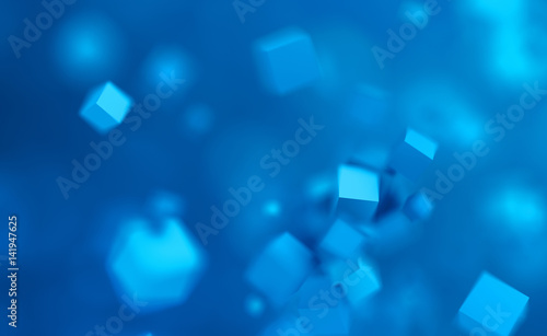 Abstract 3d rendering of chaotic cubes. Flying shapes in empty space. Dynamic background with bokeh, depth of field effect. Design for poster, banner, placard.
