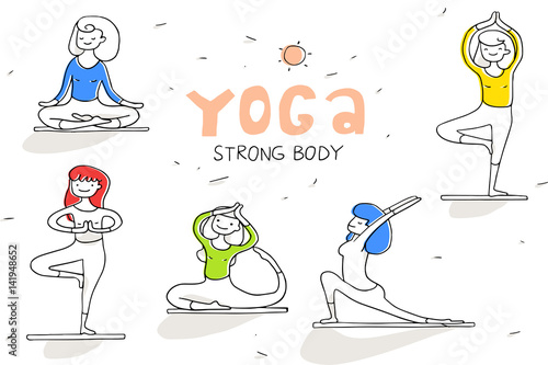 Vector set of healthy lifestyle yoga center poster illustration with women poses, exercises