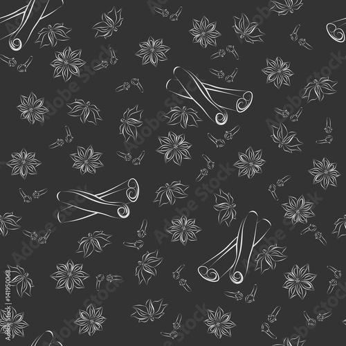 Vector seamless pattern of spices. Cinnamon sticks, sprigs of cloves, star anise.