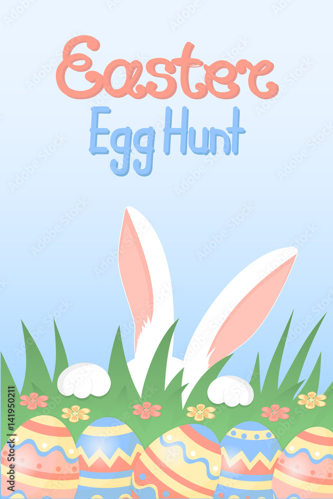 Easter egg hunt calligraphic inscription. White rabbit with paws and pink ears hiding in the grass.