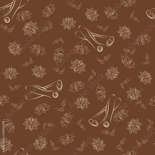 Vector seamless pattern of spices. Cinnamon sticks, sprigs of cloves, star anise.