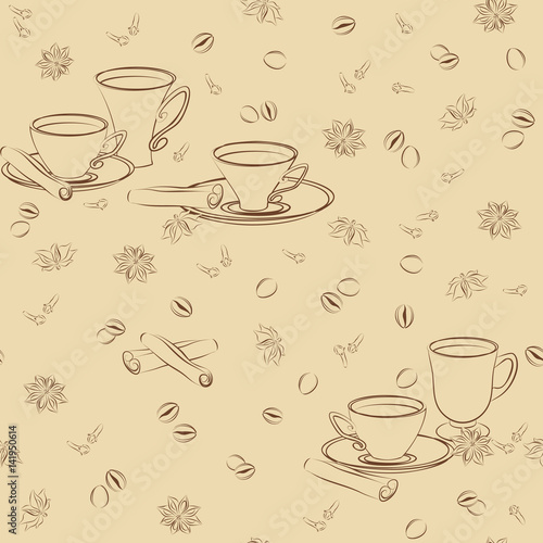 Seamless pattern with cups, cinnamon, coffee beans, anise and cloves. © legon