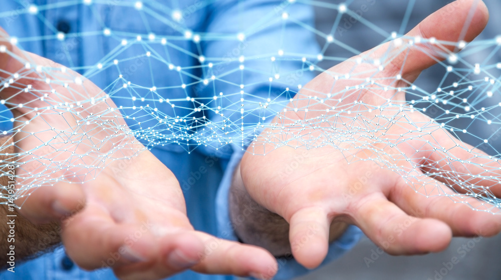 Businessman holding flying network dot 3D rendering Businessman holding flying network dot 3D rendering