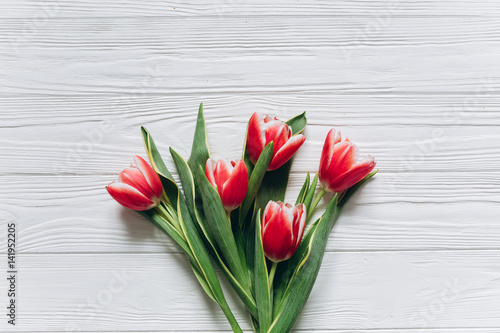 Red tulips on a white wooden background for Mother's Day.
