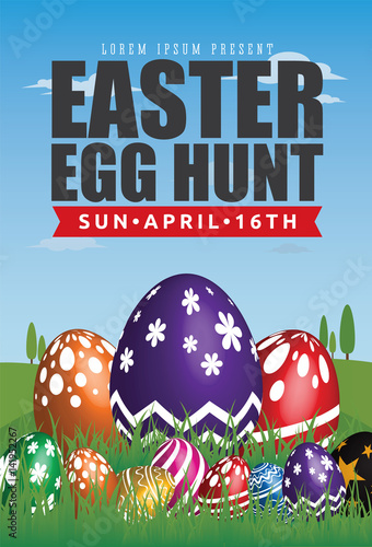 Easter Egg Hunt Flyer Template Design. Easter Egg Background with Big Painting Egg on Grass. Fit for 4x6 inches media. Vector illustration