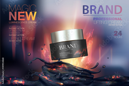 Moisturizing cosmetic products ads. Vector promo sample with creme container.  Mens cosmetic jar and tube illustration. Background with lava and fire