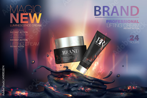 Moisturizing cosmetic products ads. Vector promo sample with creme container. Mens cosmetic tube illustration. Background with lava and  fire