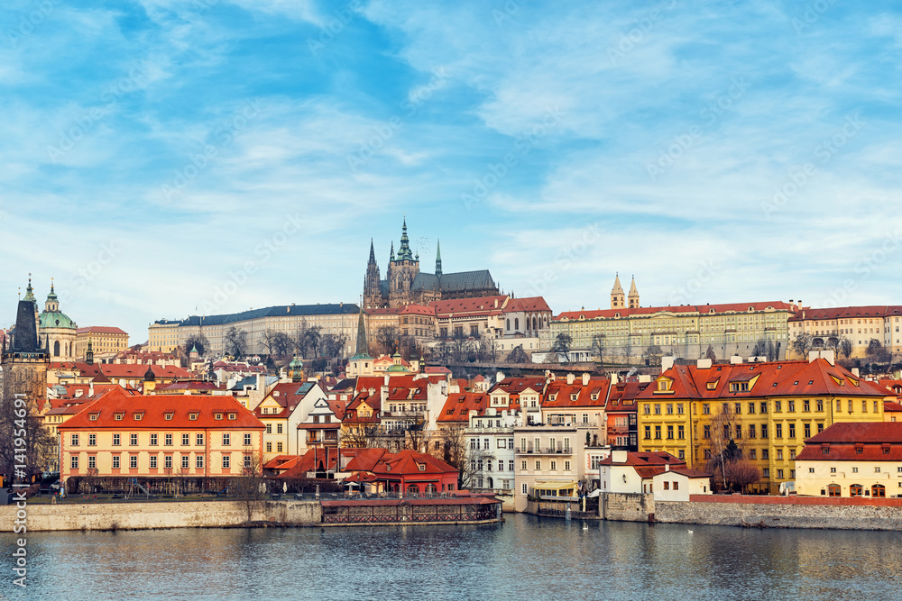 panorama of Prague with red roofs